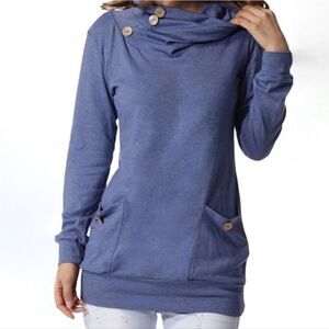 Levaca Women's Heather Blue Cowlneck Long Sleeve Tunic Length Pullover Top